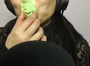 Asmr chewing blowing side view